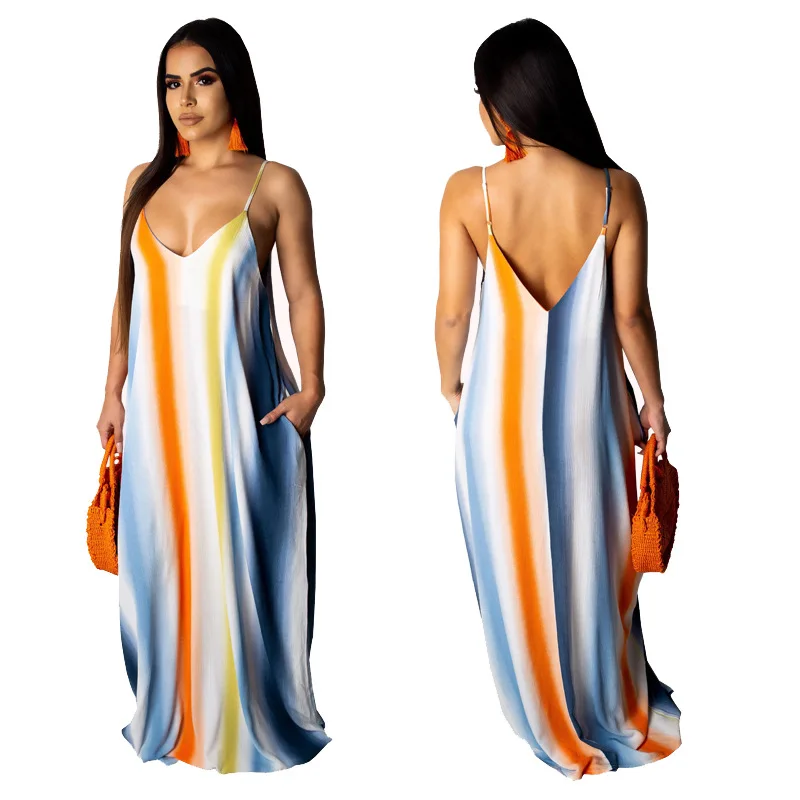 Stripe women summer maxi dress V-neck braces Long Loose beach party Gradient colour dresses