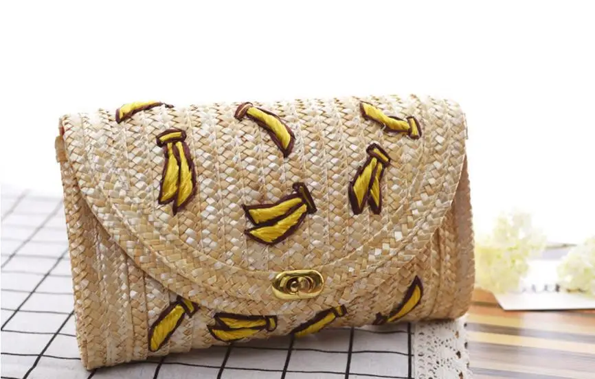 Fruit Cherry Banana Straw Beach Bag for Women Messenger Bags Embroidery Design Summer Cute Flap Chain Shoulder Bag