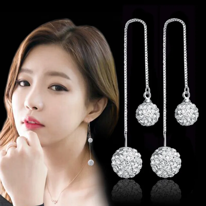 925 Silver Needle Fashion Shiny Shambhala Ball Crystal Ladies Tassels Stud Earrings Jewelry Female Anti Allergy Cheap