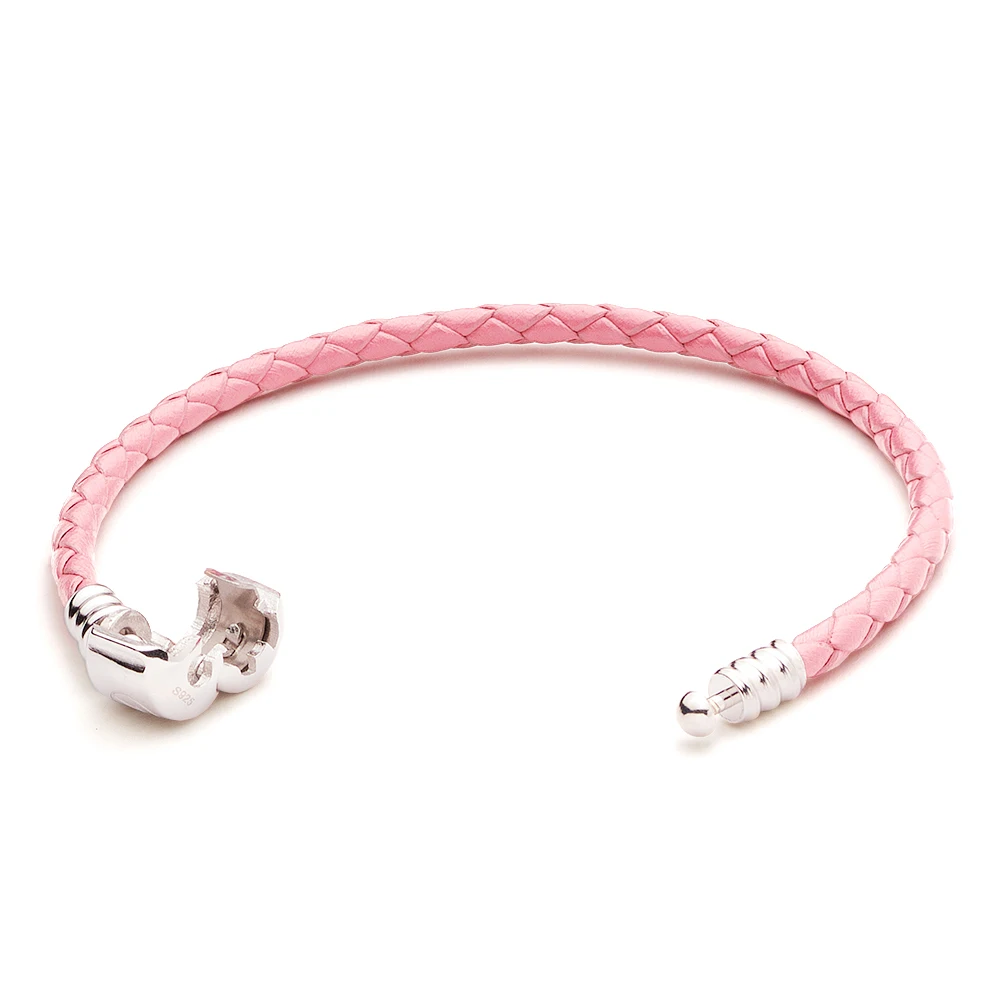 ATHENAIE Pink Single Braided Leather 925 Sterling Silver Snap Clasp Bracelet Fits Fit All European Charm Bead