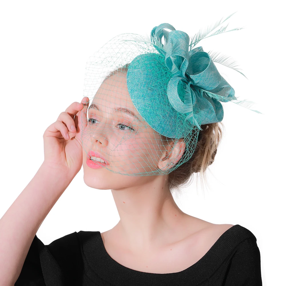 Frauen Fascinator Hut Nachahmung Sinamay Feder Tee Party Pillbox Blume Derby Milli nery Kirche Cocktail Kopf bedeckung neues Design – Detail 4