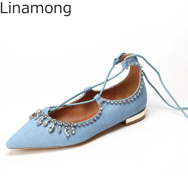 

Summer Pure Bling Rhinestones Edged Cross tie Lace Up Flats Denim Cloth Low Heels Shoes Girl's Glitter Crystal Leisure Loafers