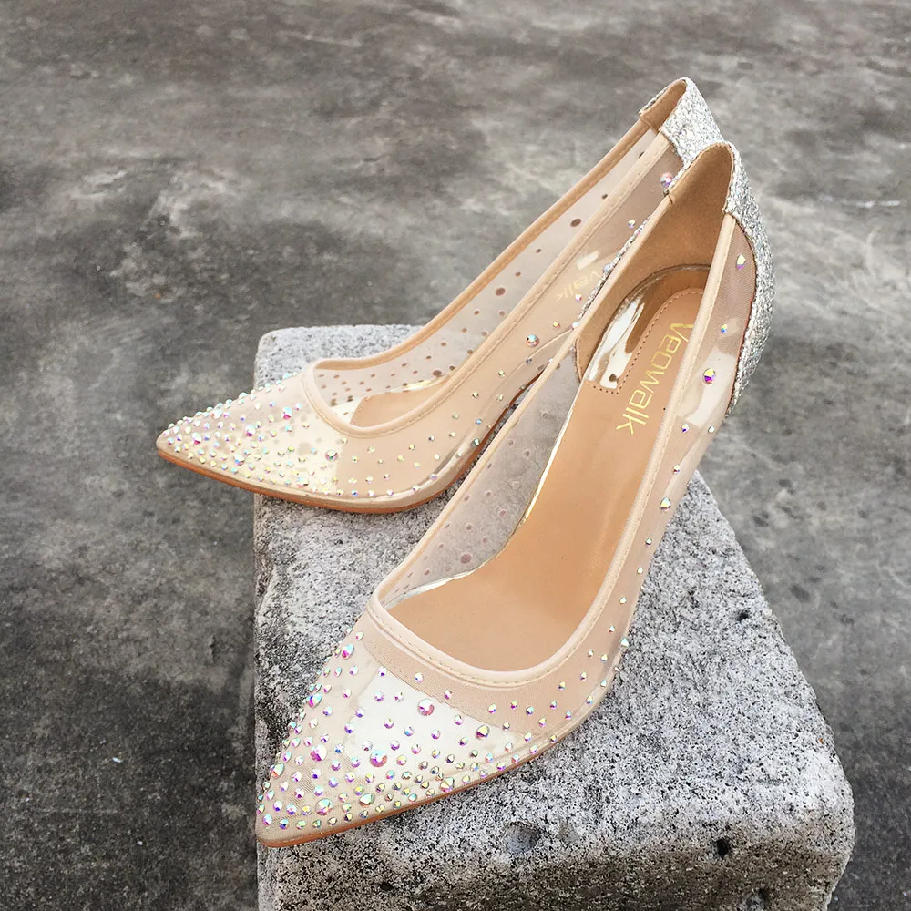 Veowalk Summer Bling Silver See-through Women Stiletto High Heels Sexy Ladies Shiny Pointed Toe Pumps Fashion Wedding Shoes