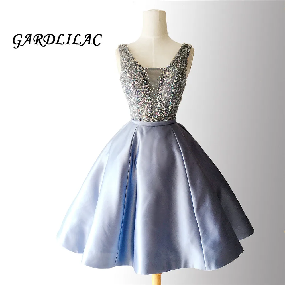 New V Neck Homecoming Dresses 2018 Plus Size Short Prom Dress Sash Beaded Satin Party Cocktail Wedding Party Dress juniors blue