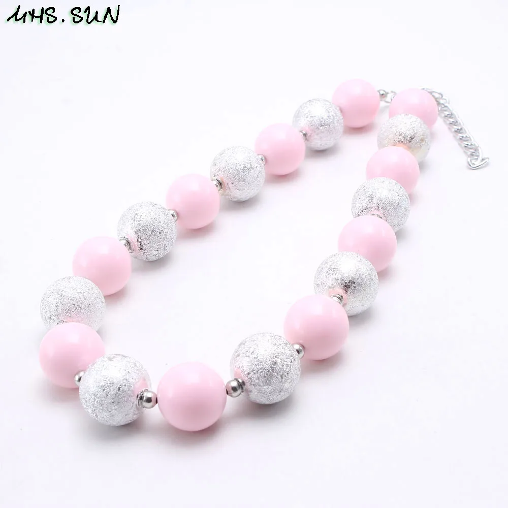 MHS.SUN New Pink/Silver Color Beads Necklace Fashion Child Girls Bubblegum Necklace Kids Chunky Jewelry Accessories