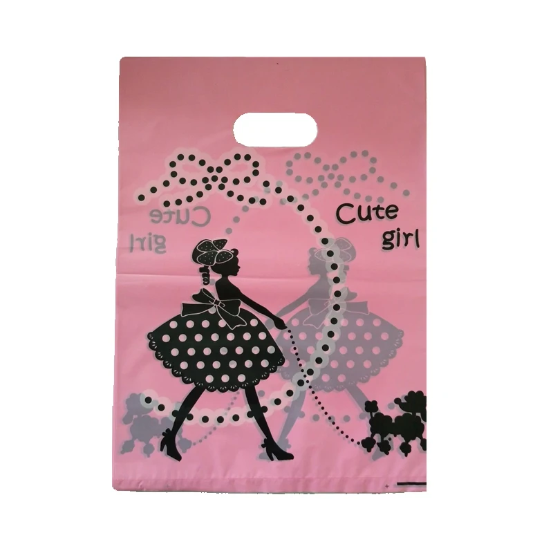 

100 шт./лот 25x35 см розовые большие пластиковые подарочные пакеты с принтом для девочек, сумки для косметики из бутика, милые пластиковые пакеты для покупок с ручкой
