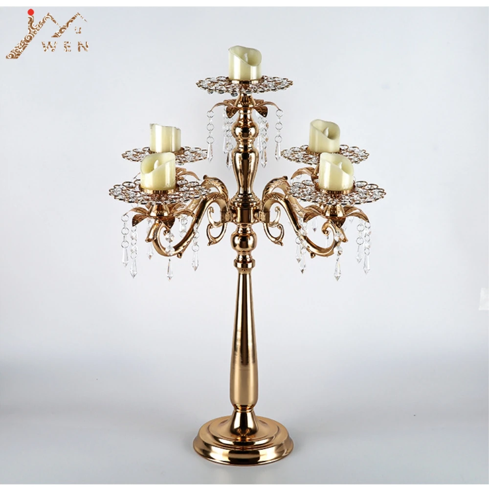 

5 arms Candle Holders Metal Candelabras Gold delicate Candlesticks With Crystal Pendants Wedding Christmas Party Event Decor