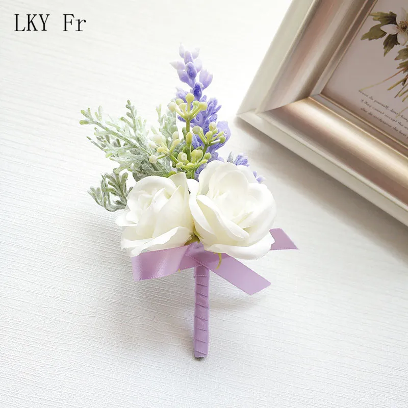 LKY Fr boda Boutonniere Pin blanco seda Rosa muñeca ramillete pulsera dama de honor flor novio broche boda puño muñeca ramillete