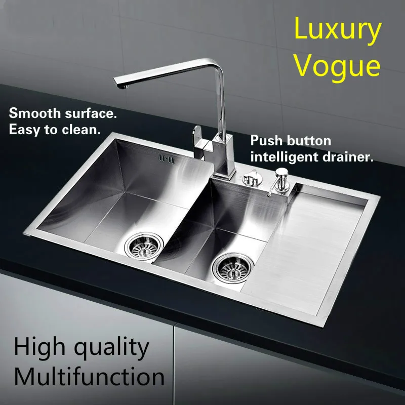 Free shipping Hot sell luxury push button intelligent drainer kitchen manual sink double groove 304 stainless steel  790x450 MM