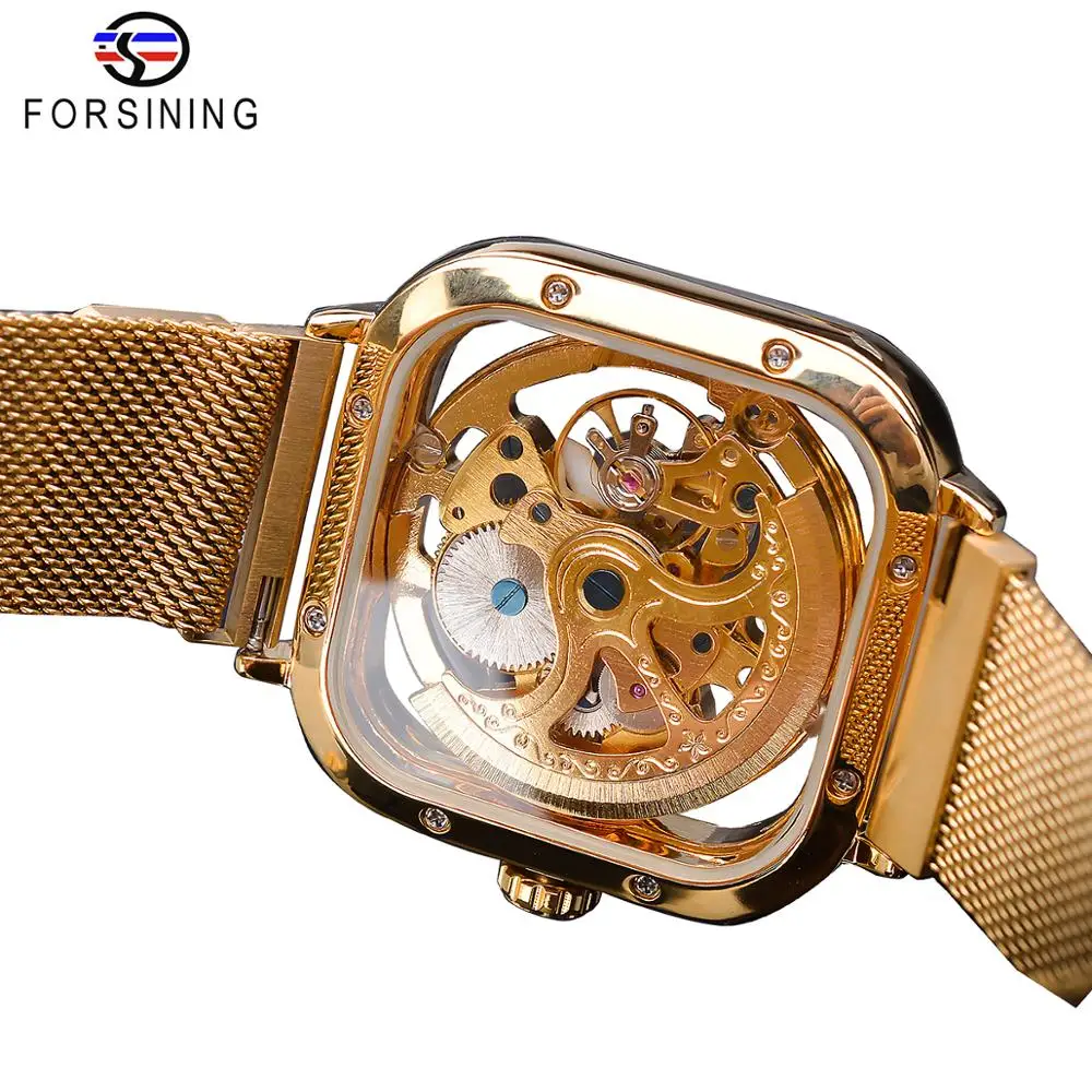 Forsining – montre automatique pour hommes, squelette carré, maille, bracelet en acier, mécanique, Business, Relogio Masculino Erkek Kol Saati