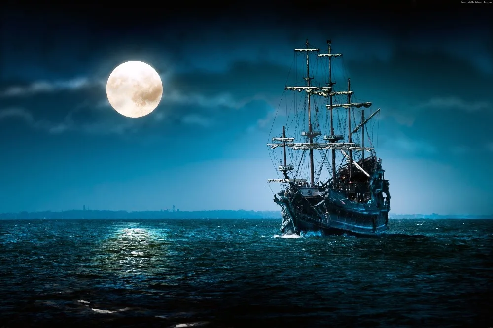 7x5FT Dark Moon Sky Sea Jolly Roger Pirate Ship Night Custom Photo Studio Backdrop Background Vinyl 220cm x 150cm