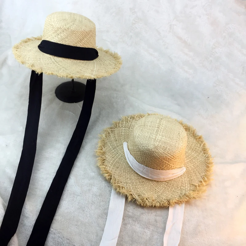 Summer Women Beach Raffia Black White Ribbon Hat Bow Raffia Hat Temperament Flat Cap Straw Hats Women\'s Seaside Hat