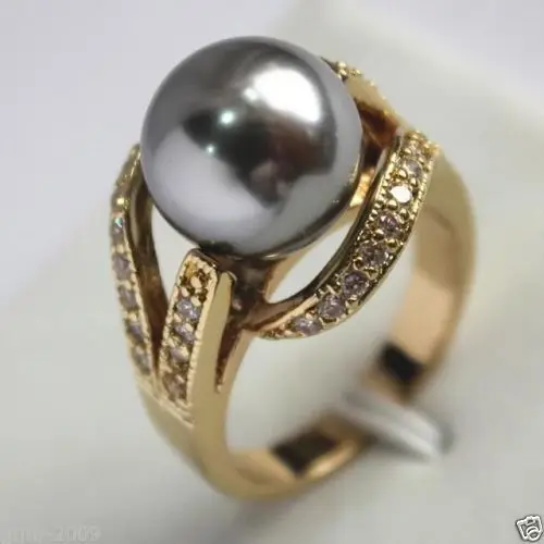 12mm Real Gray South Sea Shell Pearl Ring Size 6/7/8/9 AAA Grade