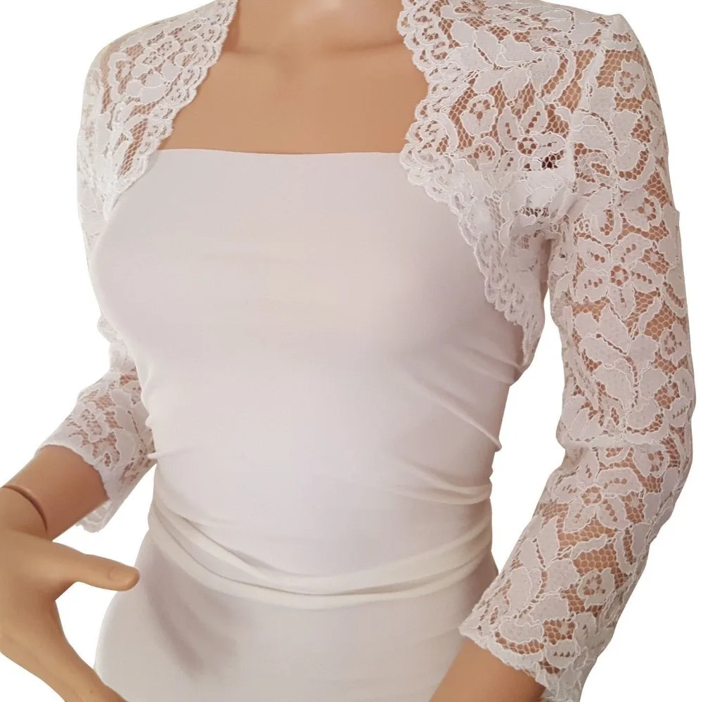 Chaquetas de boda con abertura frontal para mujer, Bolero de manga 3/4, envolturas de encaje, Top con Bolero, Color blanco marfil, Chaqueta corta personalizada