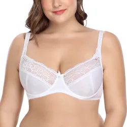 New Women Full Cup Unpadded Lace Bra Sheer Underwire Plus Size Bras White Mesh Embroidery 75 80 85 90 95 100 105 A B C D E F G