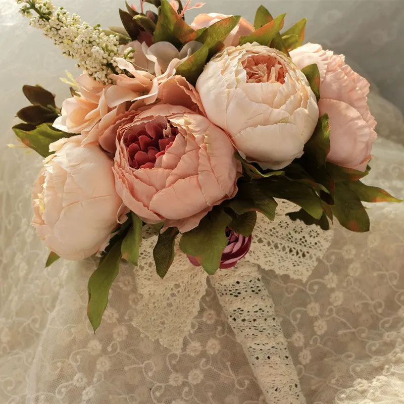 YO CHO Bride Wedding Bouquet Bridesmaid Holding Bouquets Pink DIY Home Party Artificial Silk Peony Fake Flower Table Decorations