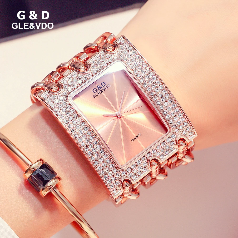 G&D GLE&VDO montre femme Luxury Rectangular Case with Rhinestones Quartz Ladies Watch Female Bracelet Wristwatch