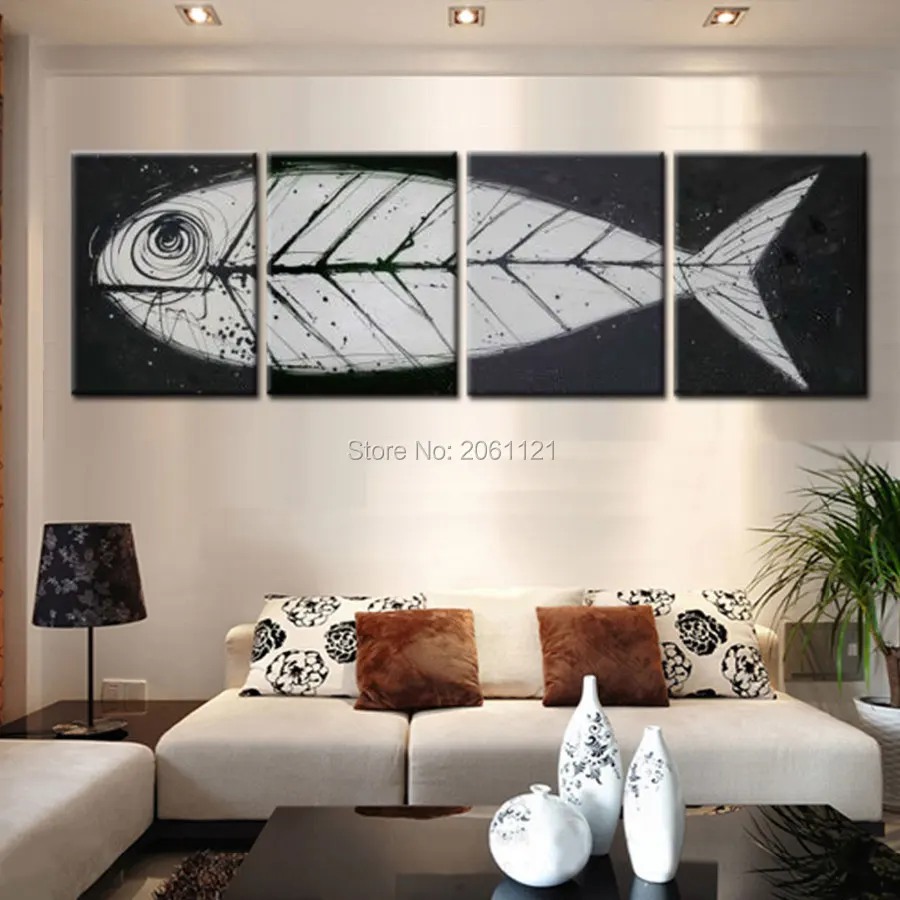 big gray black pop art modern wall art Fish bone canvas painting hand artwork ideas oringinal decorative piece sets 4 panel gift