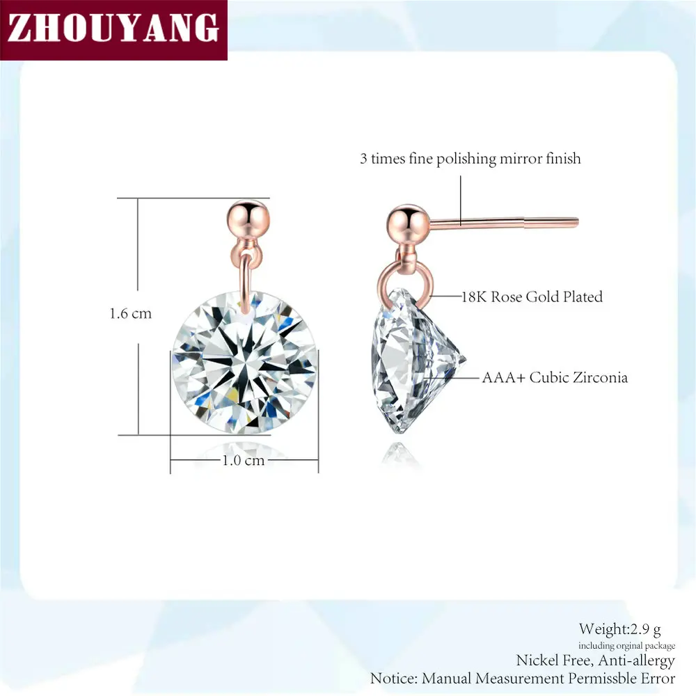 ZHOUYANG Drop Earring For Women Classic Complete Clear Cubic Zirconia  Rose Gold Color Fashion Jewelry  Wedding Party ZYE153