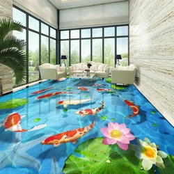 Custom 3D Photo Wallpaper Cobblestone Lotus Leaf Fish Bathroom Floor Design PVC Waterproof Self-adhesive Floor Mural Wall Paper