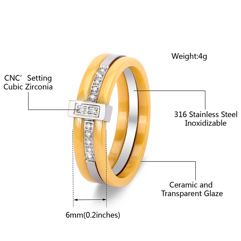 2017 New Fashion Ceramic Rings Stainless Steel & Yellow Color Simple Jewelry Ring With Bling Crystal for Women Christmas Gift