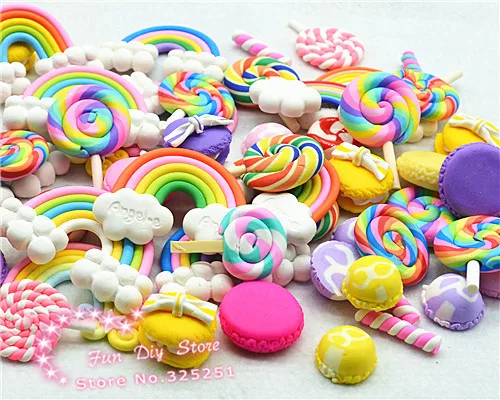 Polymer Clay Lollipop,Candy,Rainbow Pudding  Assorted Packs,Dollhouse Home Play Sweets Miniatures 50pcs/lot 30-50mm