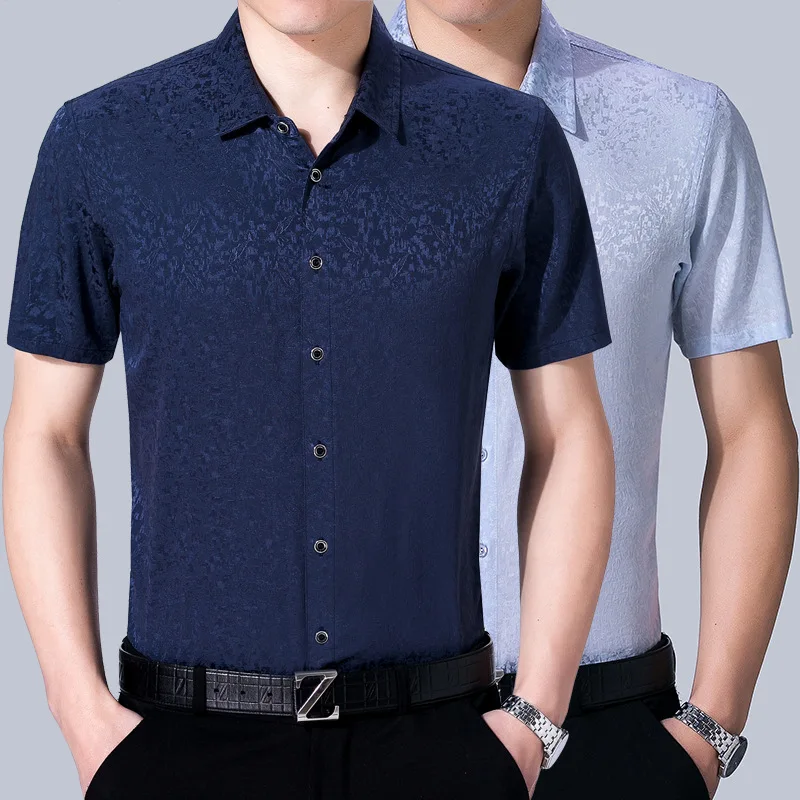 

Men's Silk Shirt Short Sleeved Casual Ironing Jacquard Silk Half Sleeved Men's Shirt Thin Section