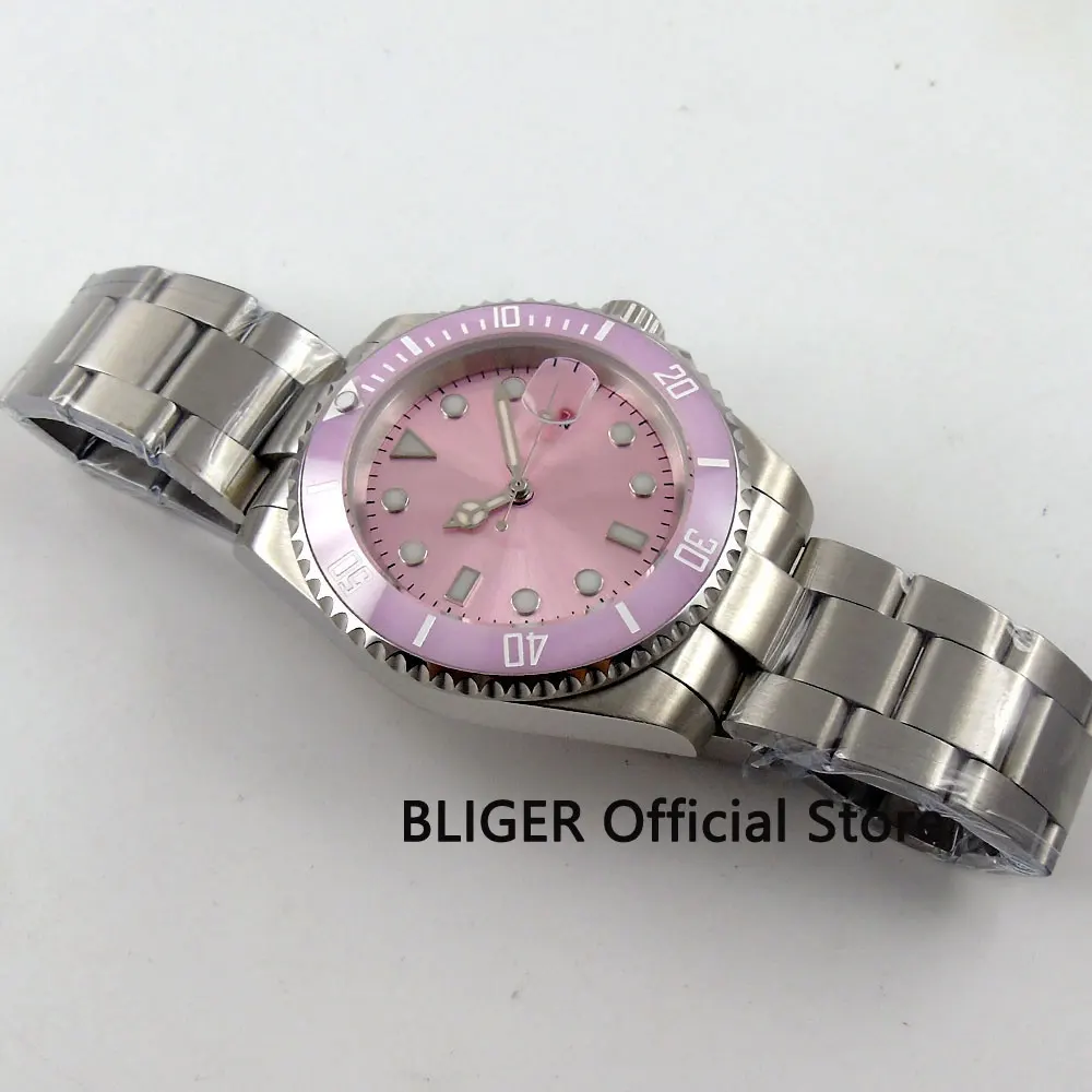 BLIGER 40mm Pink Sterile Dial Luminous Sapphire Glass Ceramic Bezel Insert MIYOTA Automatic Movement Men\'s Watch Men