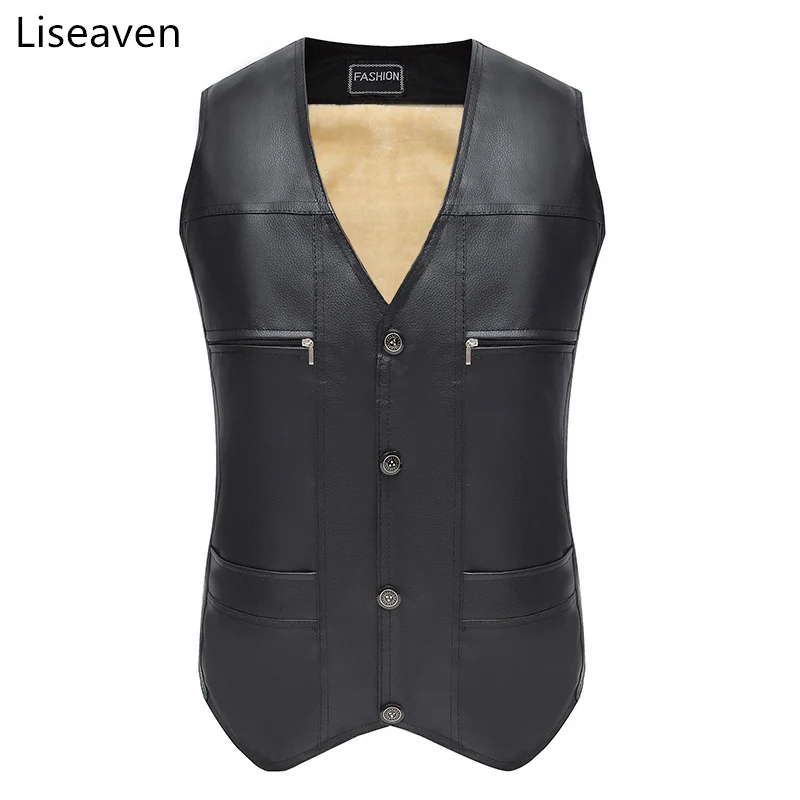 Liseaven Autumn Winter Warm Sleeveless Jacket Waistcoat PU Leather Men's Vest Fashion Casual Coats Mens