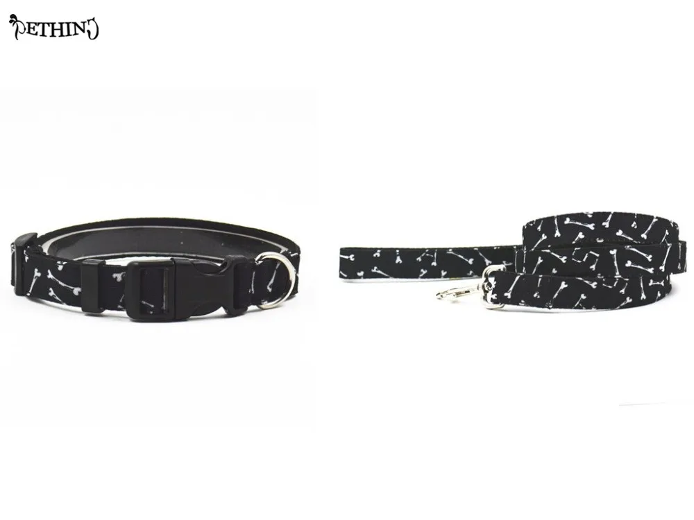 New dseign Nylon dog collar leash Bone pattern Black color pet collar lead S L choice easy fit small medium- size dog