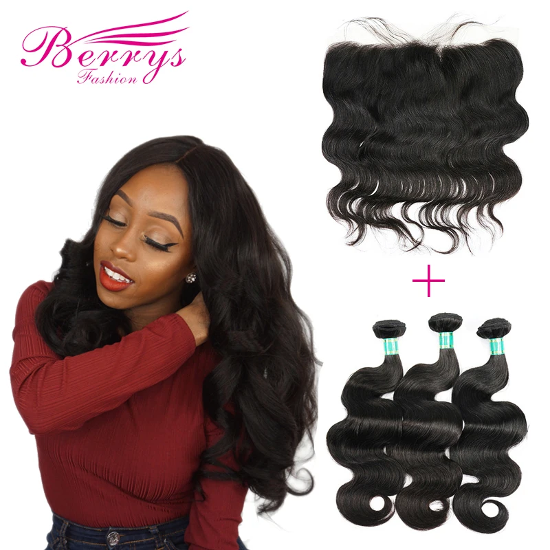 3 Bundles with Frontal Peruvian Body Wave 10A Virgin Hair Weave Nature 1B 100% Human Hair Extension 10-28inch Free Shipping