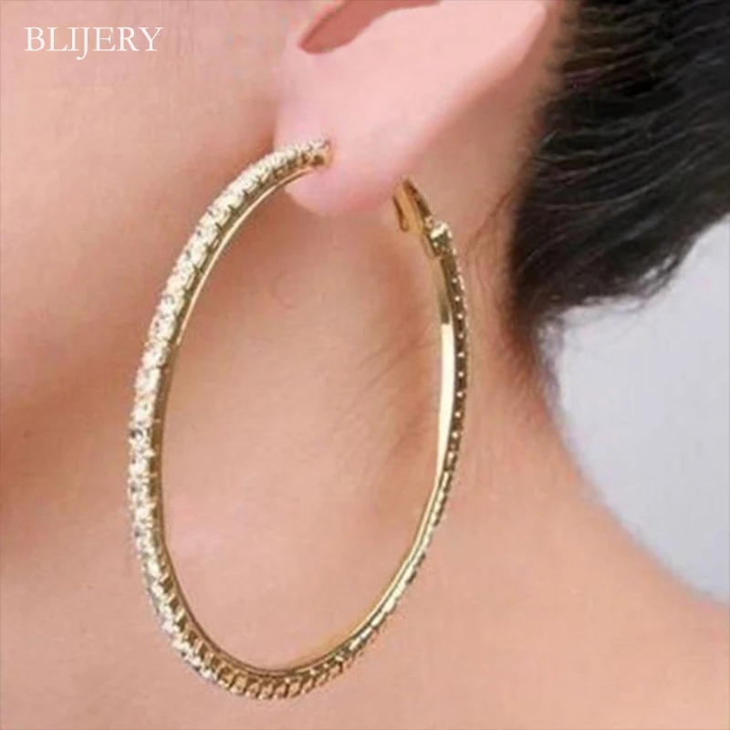 BLIJERY Gold Color Rhinestone Large Circle Earrings Statement Crystal Round Hoop Earrings For Women Wedding Party Jewelry