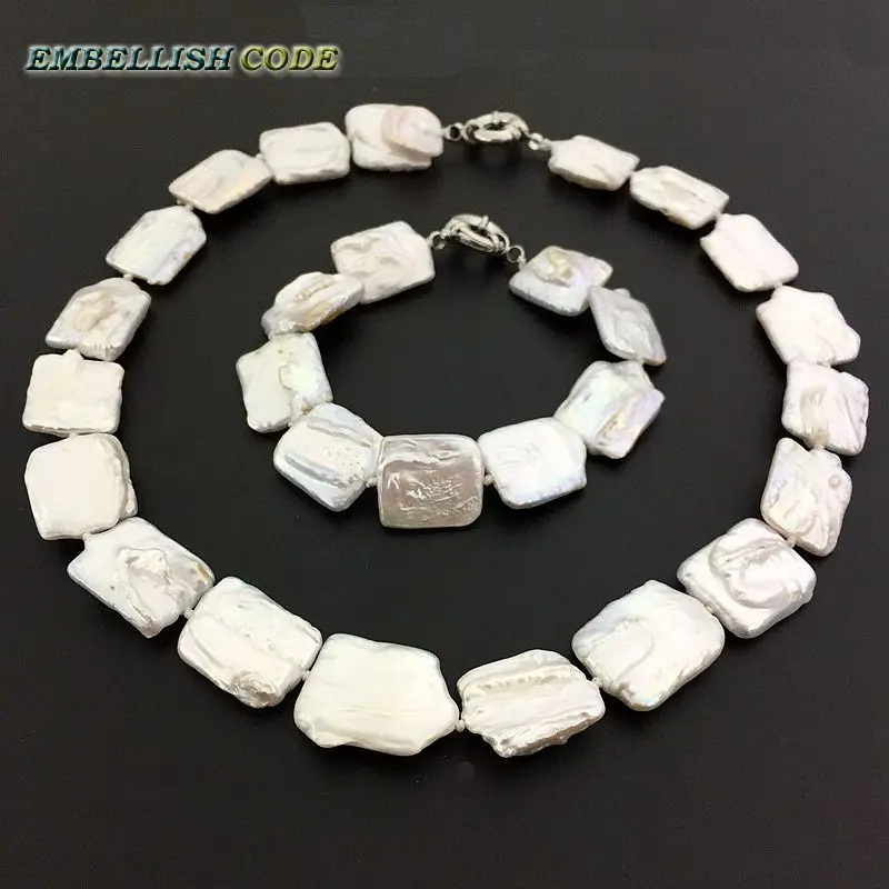 

NEW kind pearl baroque keishi necklace bracelet set white color real freshwater pearls big size Rectangle shape double knots