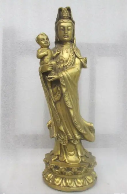 10.24 inch / Elaborate Ancient Chinese Brass SongZi Guanyin Auspicious Statue