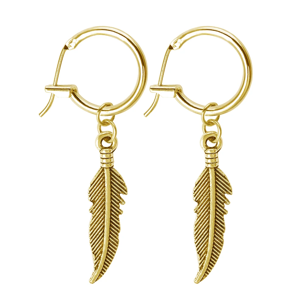 SOHOT Ethnic Style Vintage Feather Hoop Earrings Trendy Gold Silver Color Alloy Women Men Jewelry Accessories For Engagement