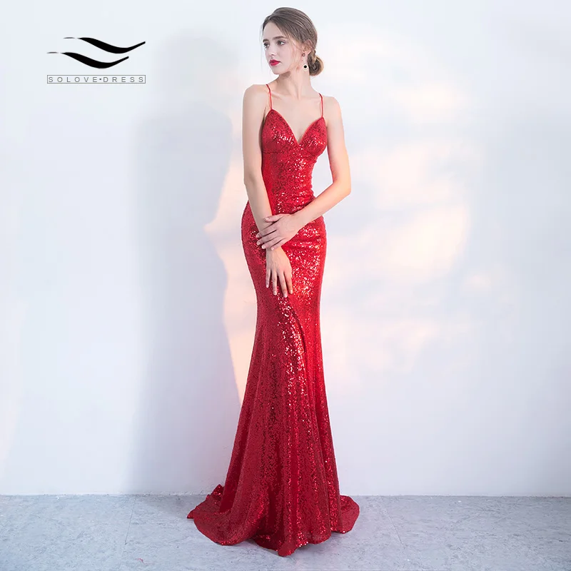 Solovedress formal com decote em v vestido de noite fotos reais mulher 2018 spagetti strap elegante sereia vestido com faixa SL-S001