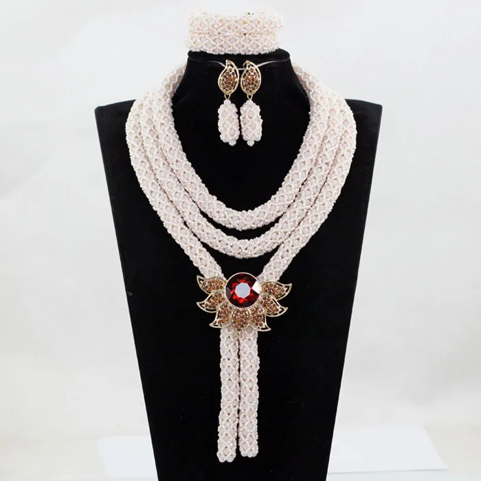 

Nigerian Beads Necklaces Charms White African Beads Jewelry Set White African Jewelry Set for Women Wedding Accessories ABH524