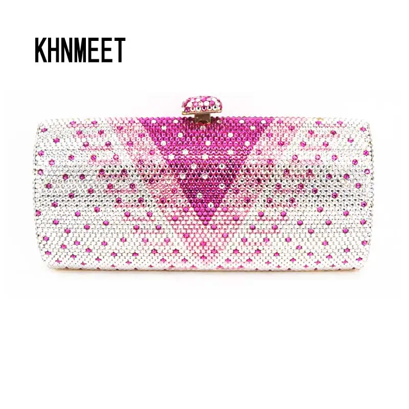 LaiSC Beautiful Crystal Applique Long Shaped Wedding Clutch Bags Full Crystal Pink party purse DIY Evening bag SC317