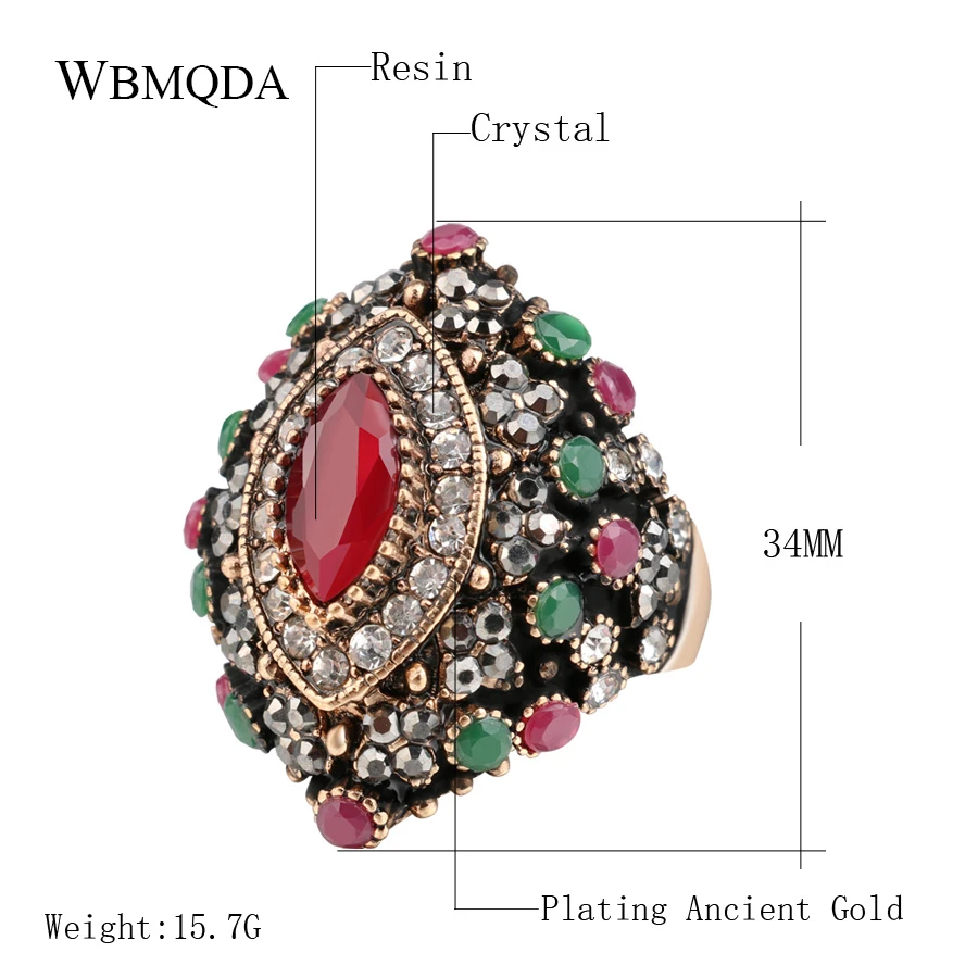 Wbmqda Ethnic Style Vintage Rings For Women Retro Crystal Flowers Red Resin Ancient Gold Color Finger Ring Turkey Jewelry