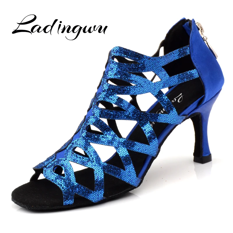 Ladingwu Woman Latin Dance Shoes Blue Glitter and Satin Sandals For Dance Shoes For Ballroom Dancing Heel For Women Salsa Shoes