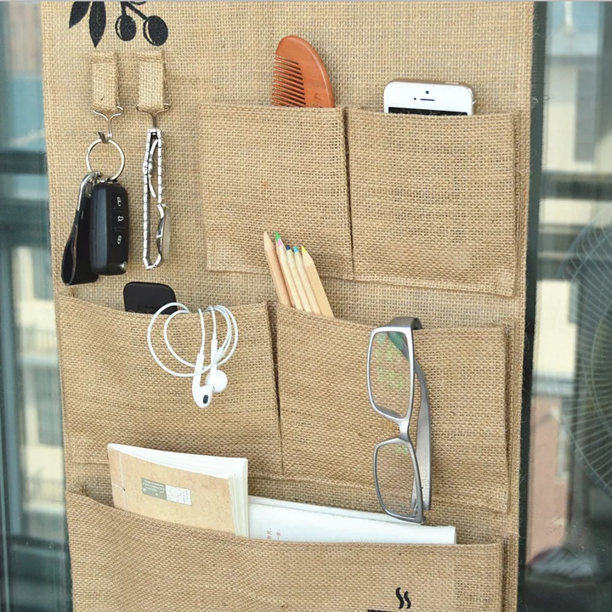 Wall Hanging Storage Bags, Organizer, 5 Pockets, Jute Naturally, Underwear, Clothing, Jewelry, Closet, Organizer