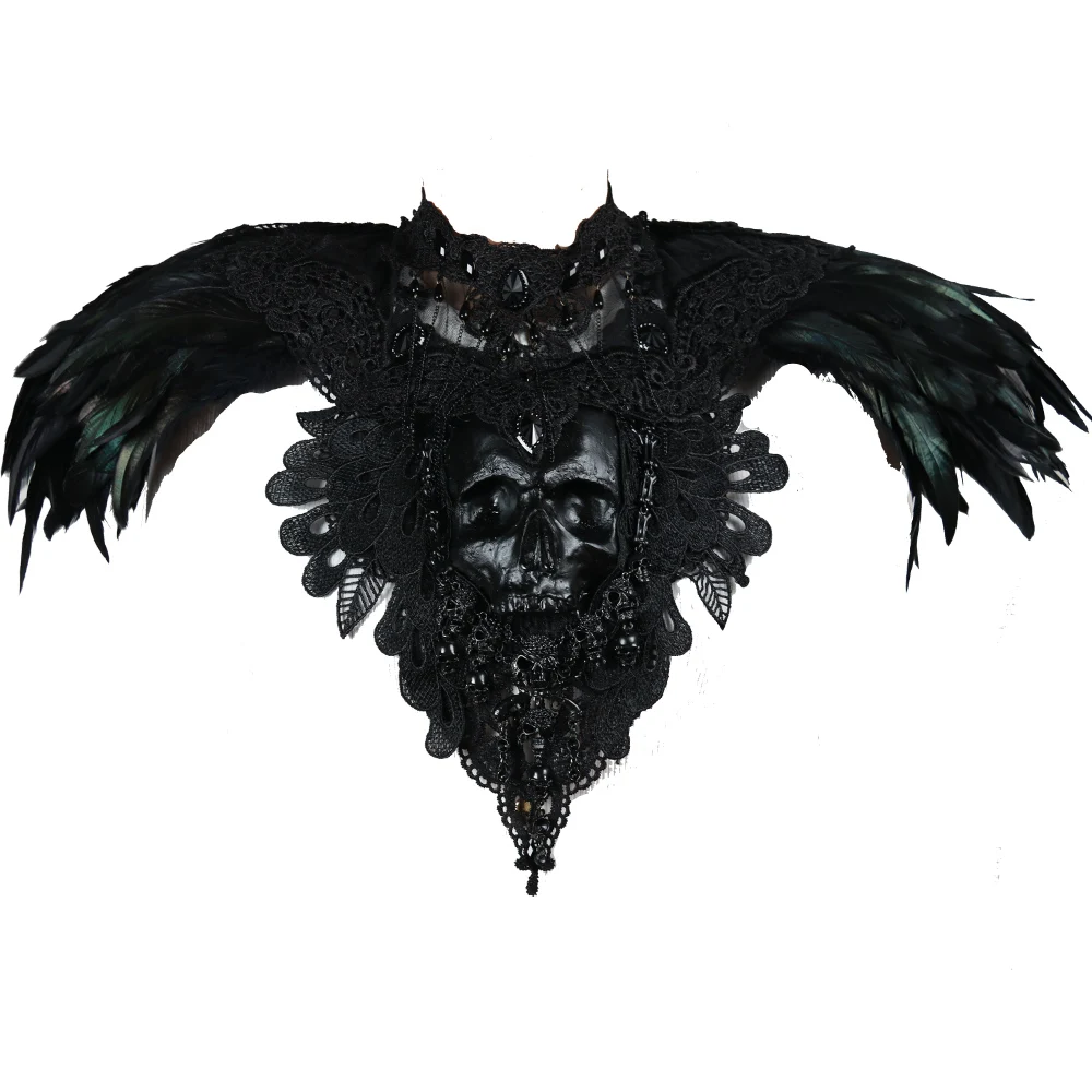 2019 Halloween Gothic Costumes Ghost Head Black Handmade Feather Amice Burlesque Costumes For Sale