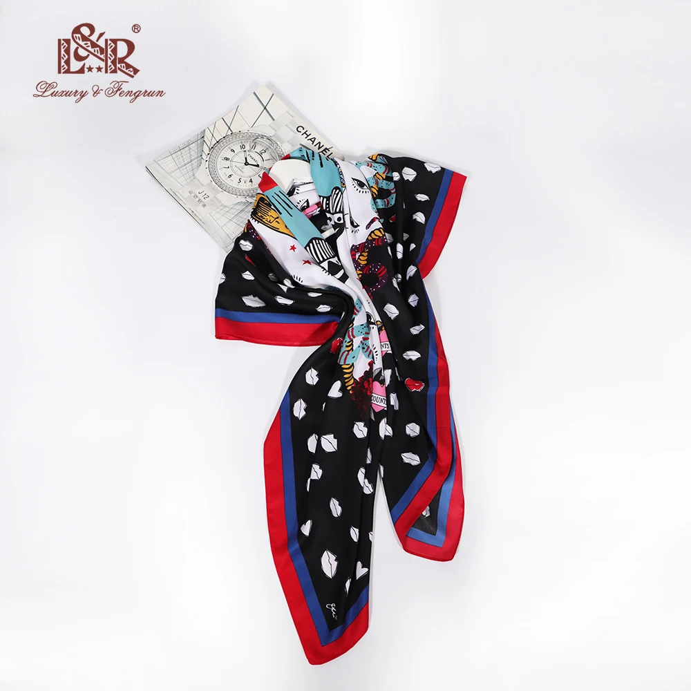 120CM Square Silk Scarf For Women Bandana Satin Silk Scarf Print Big Mouth Women Scarves Women Hijab Headscarf Foulard Femme