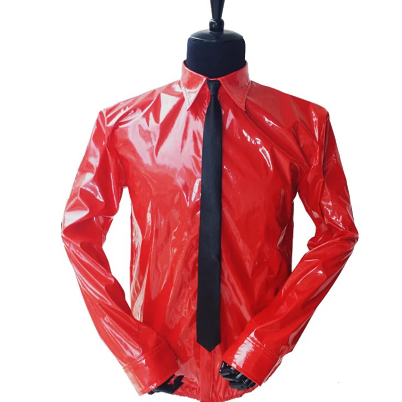 MJ In Memory of Michael Jackson Red Thin Shirt PU Leather Dangerous Jam Magic Tape VEL-CRO Shirt  Tie For Dancer Quikly Change