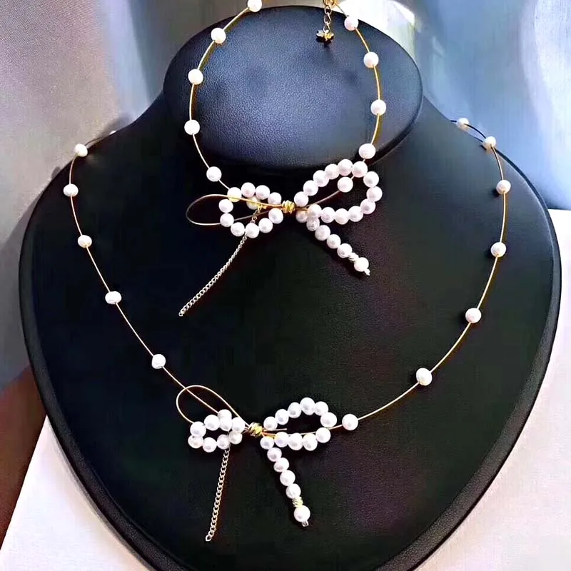 MADALENA SARARA Handmade AAA Freshwater Pearl Necklace Cute Korean Sexy Style Bow-Knot Clasp Natural White 18