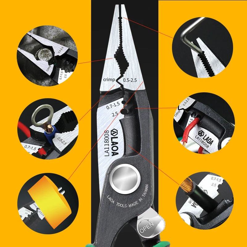 LAOA 8 inch Crimping Tools Needle-nose Pliers Multitool Nippers Cable Wire Stripper Aalicate Long Nose Pliers With Lock Function