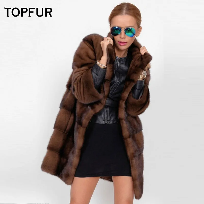 TOPFUR-abrigo de piel auténtica para mujer, chaqueta marrón con cuello, abrigo de piel de visón Real con cuello, de talla grande, Invierno