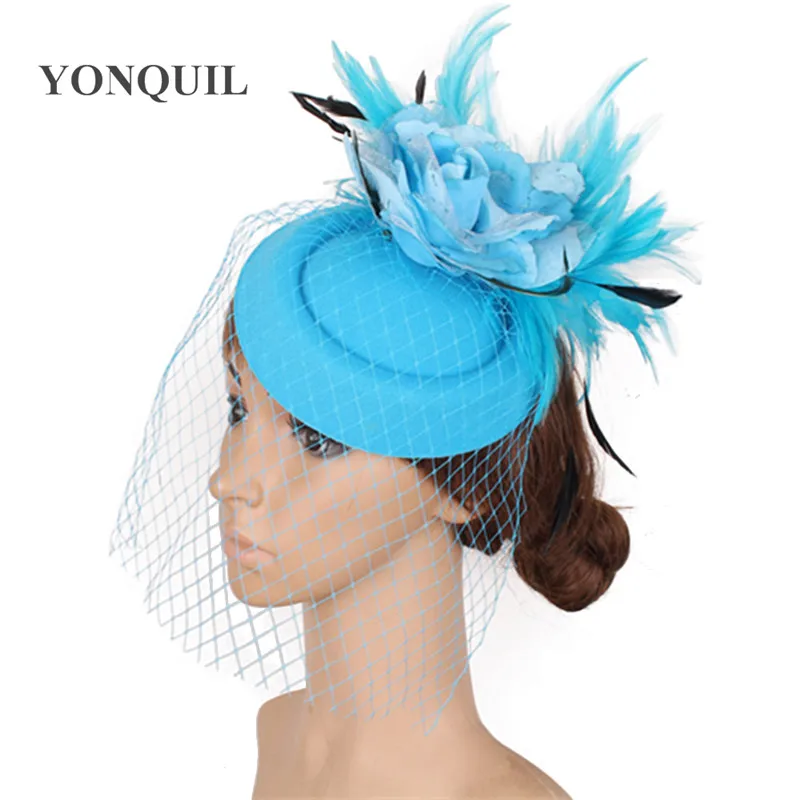 

Fashion Elegant Veils Hair Fascinators For Weddings Women Felt Wool Fedora Hats With Fabric Flower Decor Church Headpiece SYF286