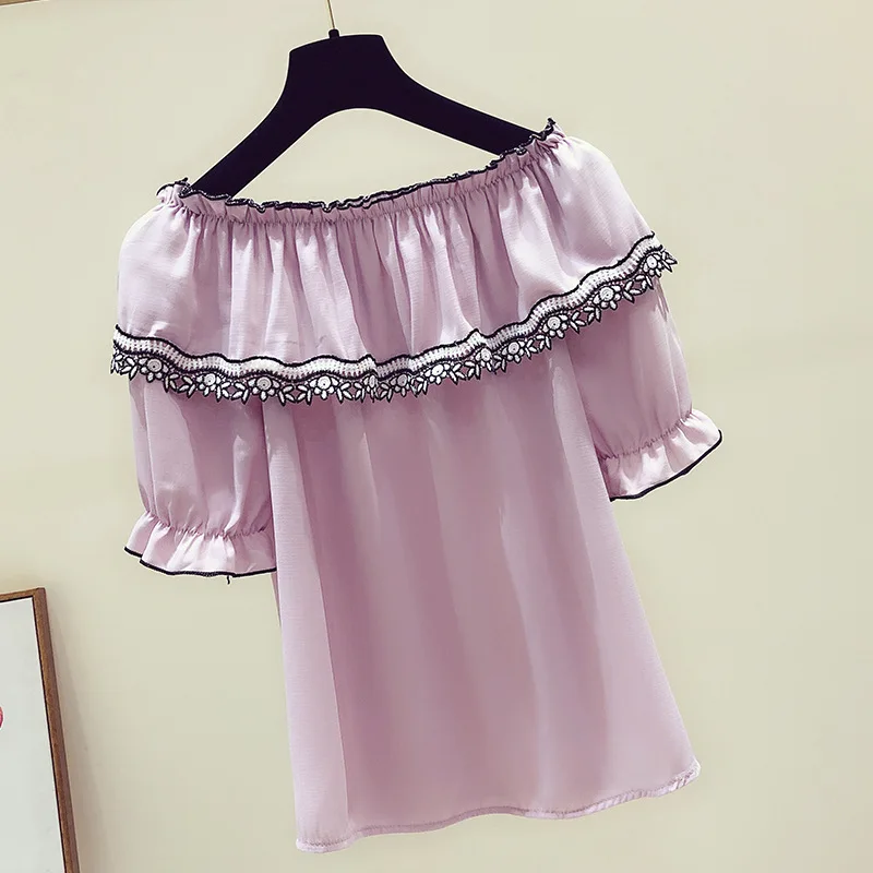 Musim Panas Baru Kemeja Sifon Wanita Pakaian Lengan Pendek Blus Gadis Slash Leher Longgar Manis Fashion Top Kemeja H9093