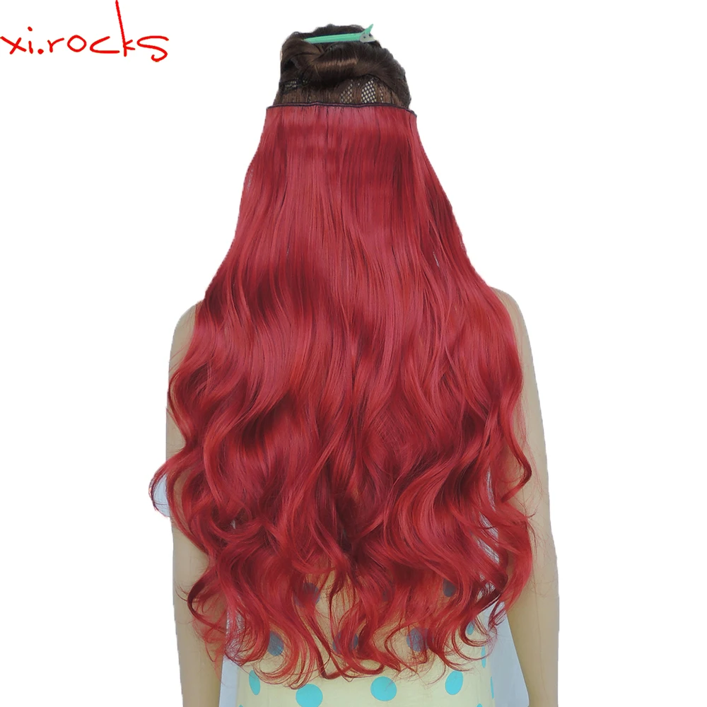 wjj12070/130m 2 Piece Xi.Rocks wigs in Hair Extension Synthetic Barrettes Clips Extensions Curly Hairpin Hairpiece Rose Red